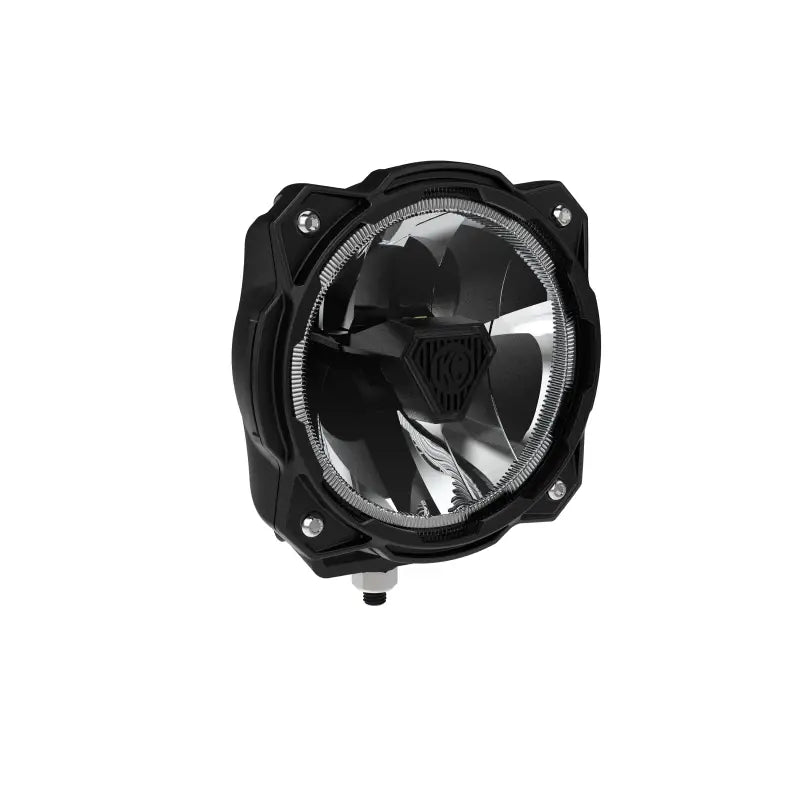 Angled view of Gravity® Titan™ 6-inch LED off-road light, emphasizing its precision optics and durable black housing.