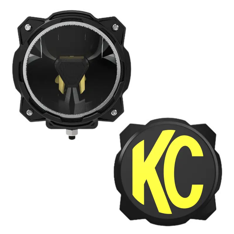 Gravity® Titan™ 6-inch LED off-road light with wide-40 beam and KC logo cover, showcasing durable construction and precision optics.