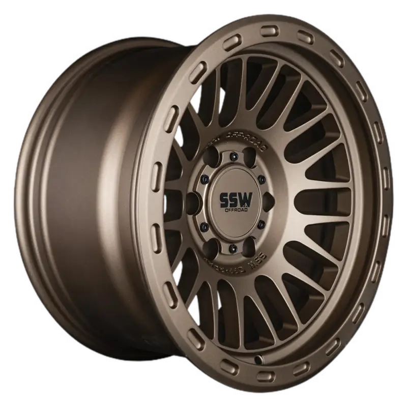 Side view of GRIFFON matte bronze 17x9.0 wheel showcasing its deep lip, rugged off-road design, and SSW Off-Road center cap.