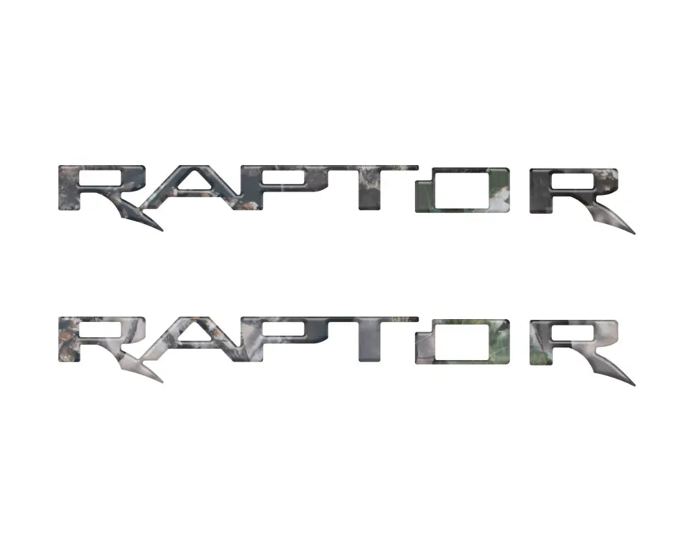 Camouflage RAPTOR decals for hood cowl emblem inserts on Ford F-150 and Bronco Raptor