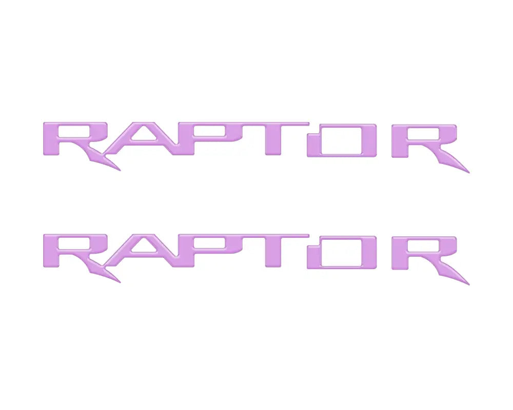 Two lavender RAPTOR hood cowl emblem inserts for Ford F-150 and Bronco Raptor