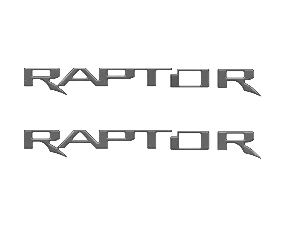 Two silver RAPTOR hood cowl emblem inserts for Ford F-150 and Bronco Raptor