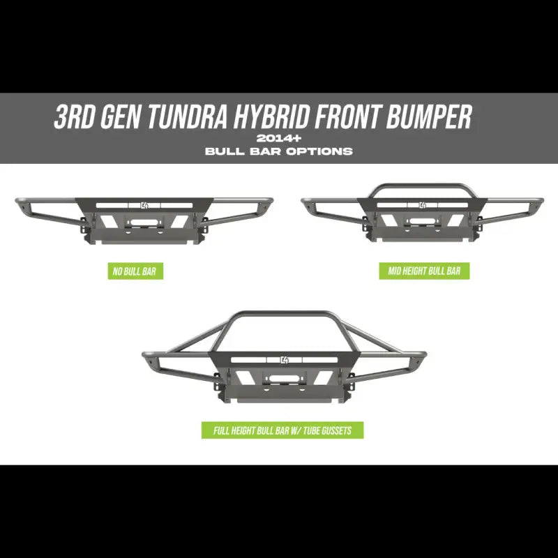 3rd Gen Tundra hybrid front bumper options for 2014+ models, showcasing no bull bar, mid-height bull bar, and full-height bull bar designs.