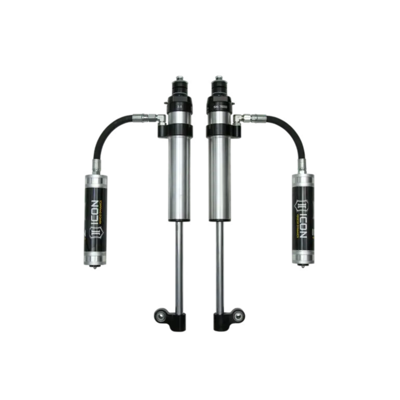 Silver and black ICON RXT REAR 2.5 RR series shocks for 05-23 Tacoma with remote reservoir