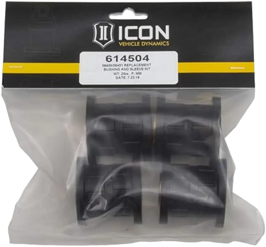 ICON - UCA Replacement Bushing & Sleeve Kit, 614504 in sealed packaging. Includes durable bushings and sleeves for vehicle suspension systems.
