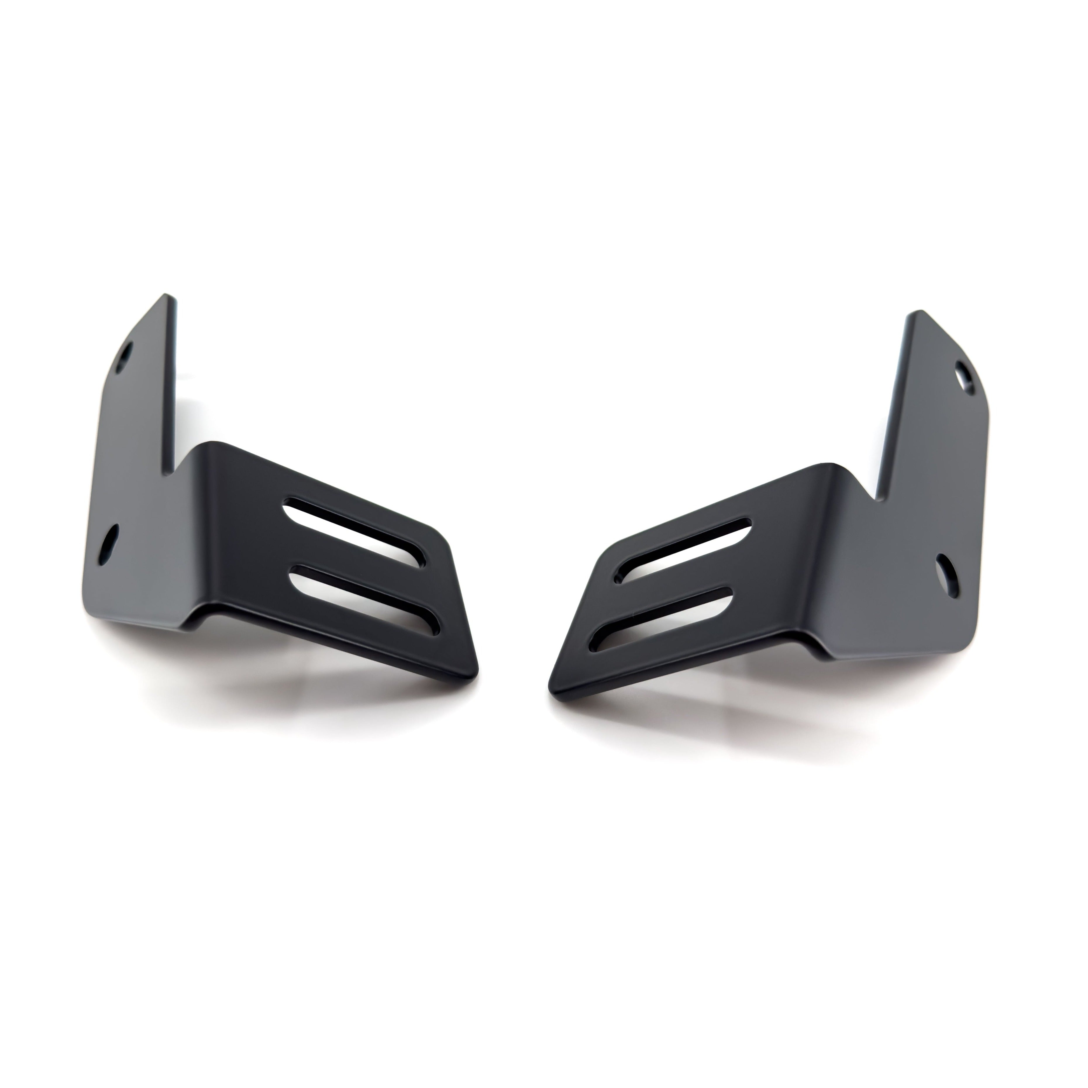 Pair of powder-coated black LED pod brackets with slotted design for mounting on high clearance bumpers of 1996-2002 Toyota 4Runners.