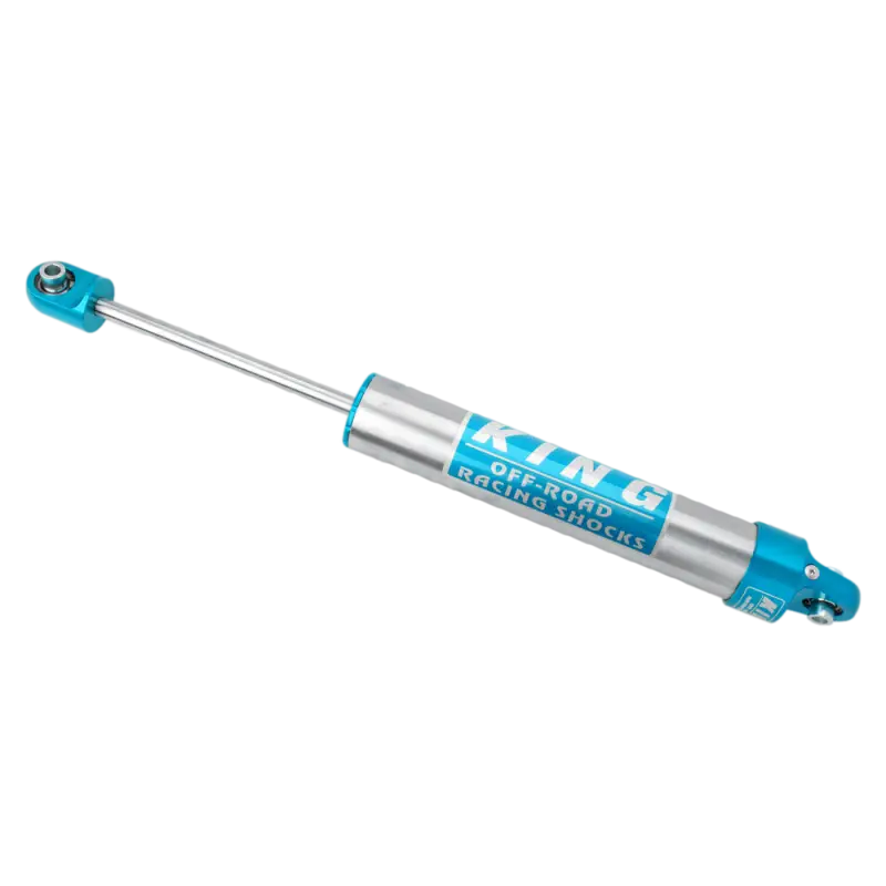 King 2.0 steering stabilizer for 2014-2023 Ram 2500, featuring a durable silver and blue design with bolt-on installation and rebuildable components.
