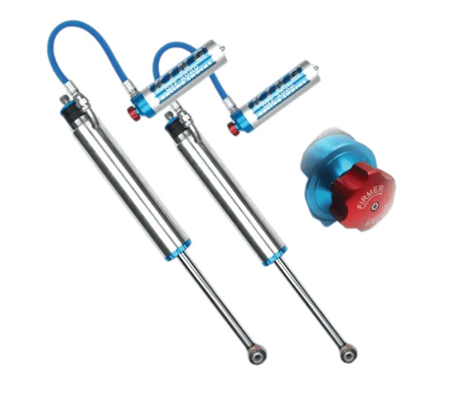 Rear shocks with external reservoirs and compression adjusters from King 2.5 mid travel kit, compatible with Toyota Tacoma (05-23).