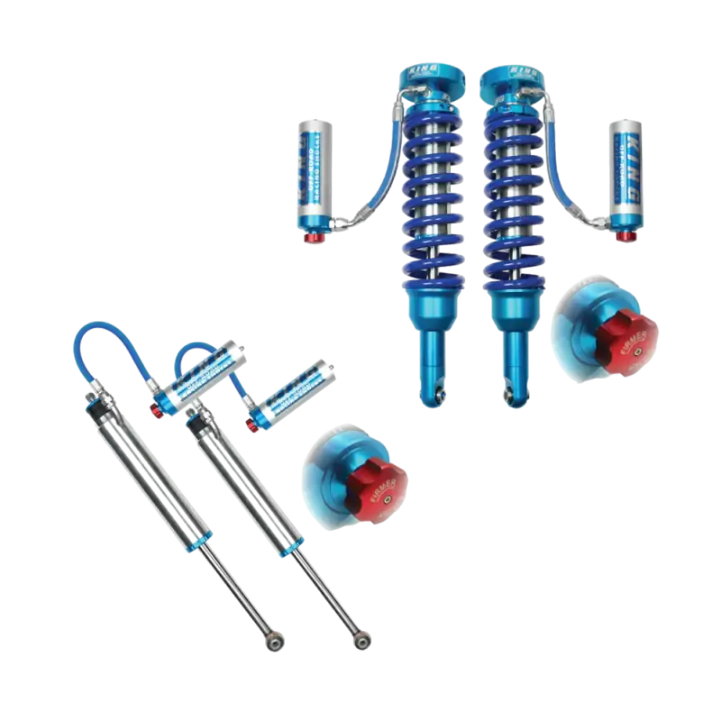Tacoma King Shocks 2.5 mid travel kit for front and rear suspension, featuring blue coilovers and adjustable reservoirs for Toyota Tacoma (05-23).