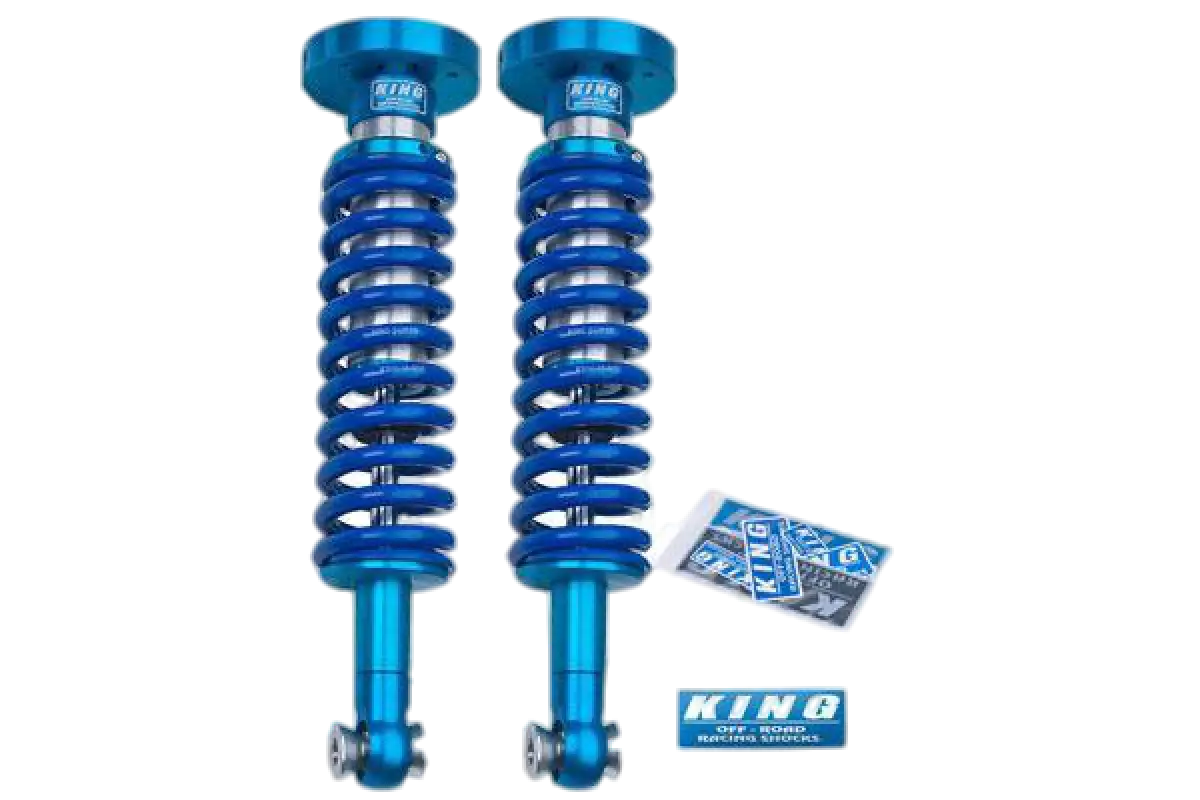 04-08 F150 Coilovers by King, featuring a blue anodized finish, adjustable design, and bolt-on installation for enhanced suspension performance.