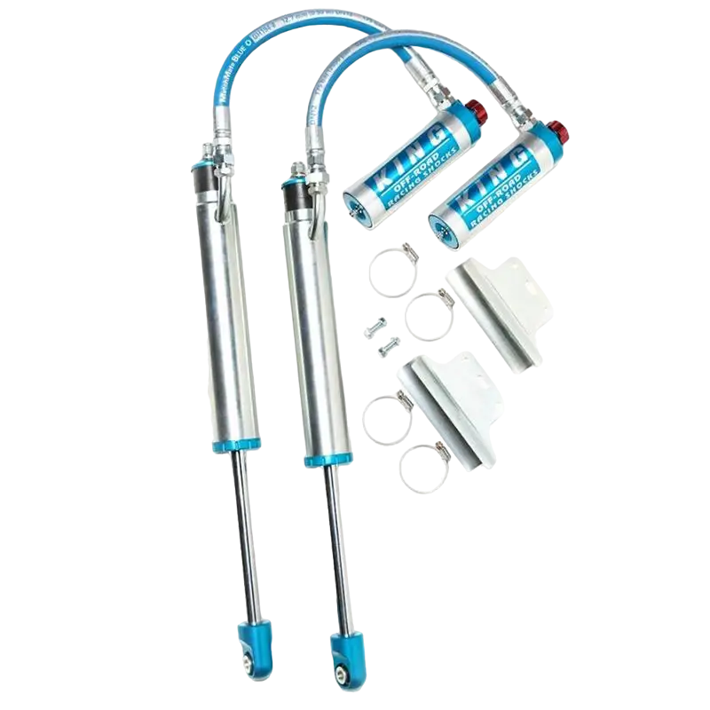 Complete set of King 2.5 rear shocks with remote reservoirs, mounting brackets, and hardware for 2005-2023 Toyota Tacoma suspension upgrade.