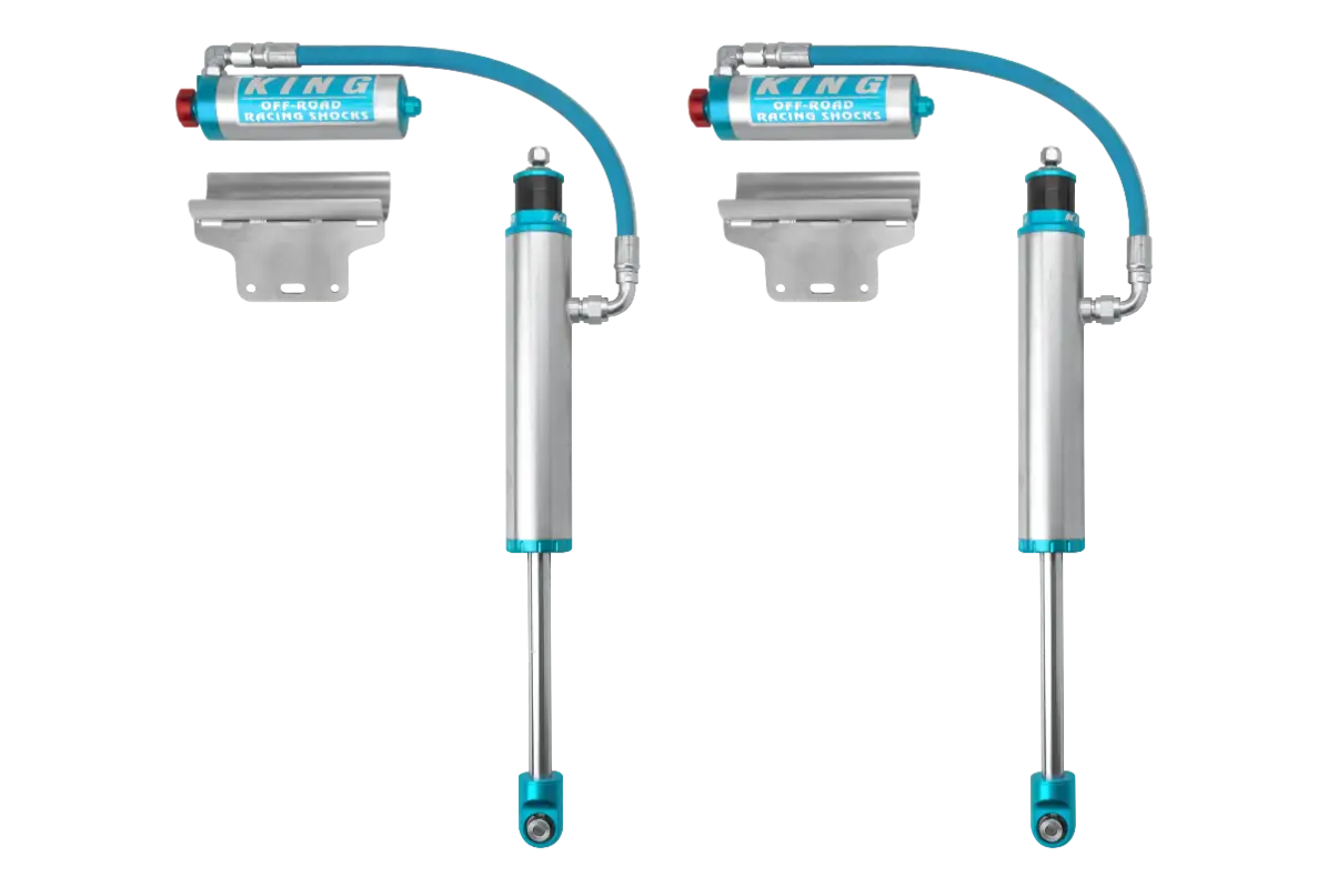 Tacoma King Shocks 2.5 rear shocks with remote reservoirs for 2005-2023 Toyota Tacoma, featuring durable chrome shafts and honed cylinders.