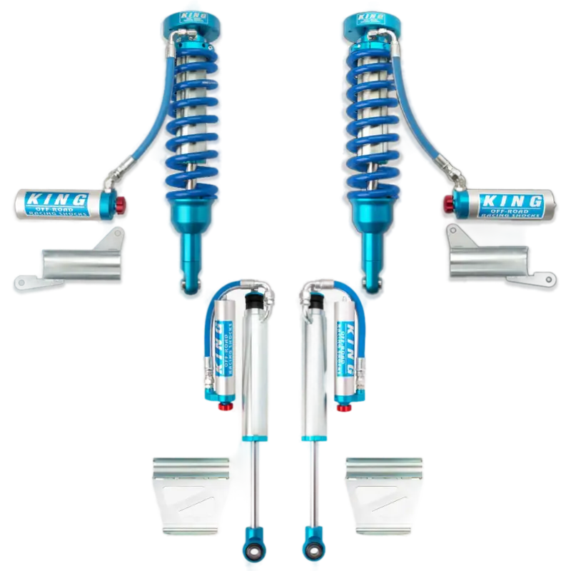 King 2.5 RR extended travel coilovers and rear shocks with adjusters for 2010-2023 Toyota 4Runner KDSS, featuring blue anodized components and remote reservoirs.