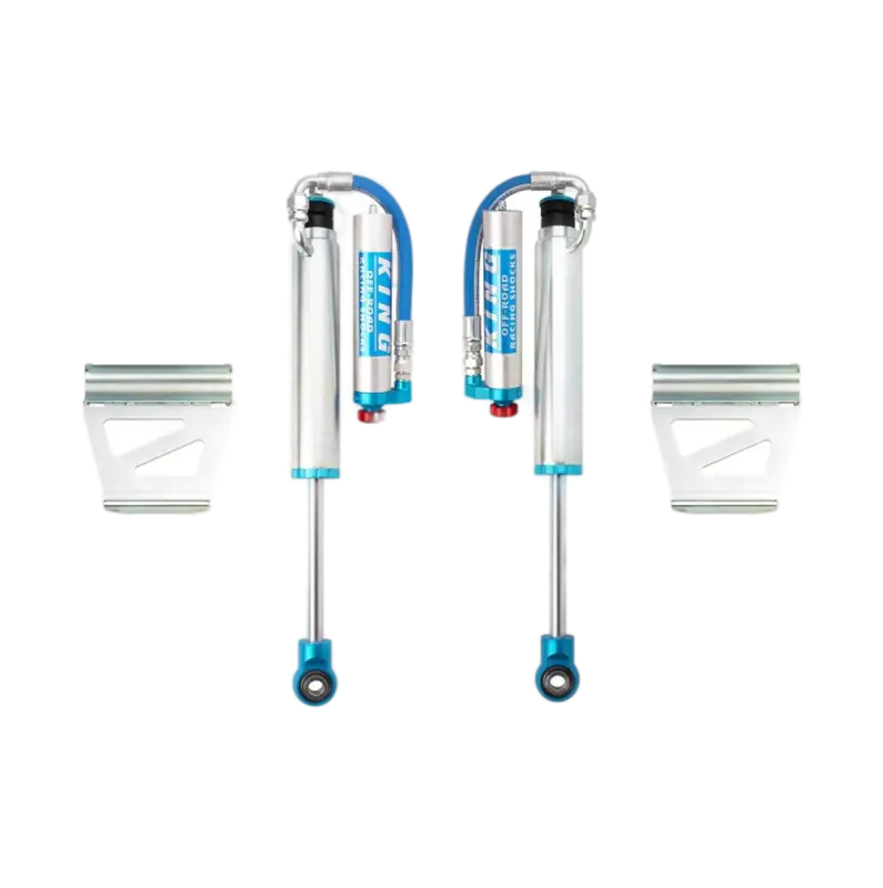 King 2.5 rear shocks for Toyota 4Runner 2010-2023, featuring remote reservoirs and mounting brackets. Enhances suspension travel and durability.