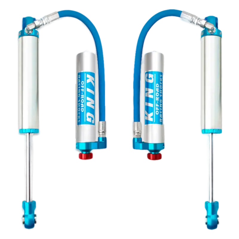 Toyota Sequoia King 2.5 RR rear shocks with blue anodized components and remote reservoirs for enhanced suspension performance.