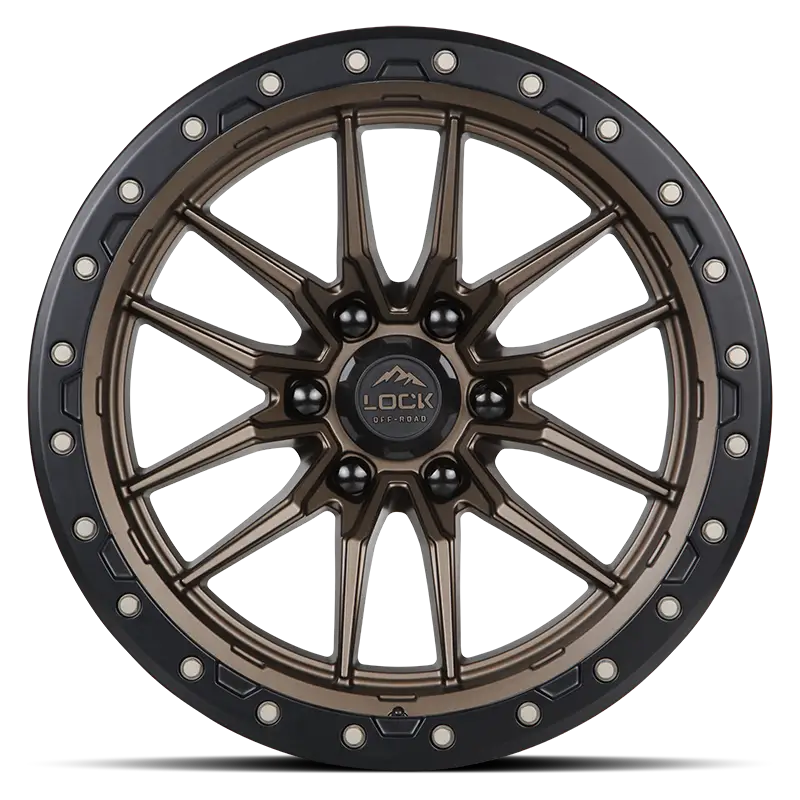 Front view of KRAWLER-MATTE BRONZE wheel showcasing its intricate multi-spoke pattern, matte bronze finish, and rugged beadlock-inspired design.