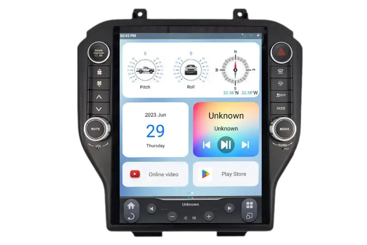 LinksWell GEN 6 T Style Radio for 15-23 Ford Mustang featuring a 12.1-inch touch screen with Bluetooth, GPS, and Android app integration.