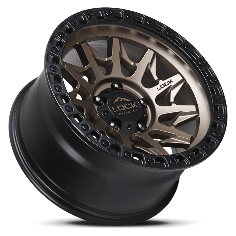 Angled view of LUNATIC MATTE BRONZE wheel showcasing its 11-spoke design, bead-lock simulation, and matte bronze TACT-coated finish for off-road vehicles.