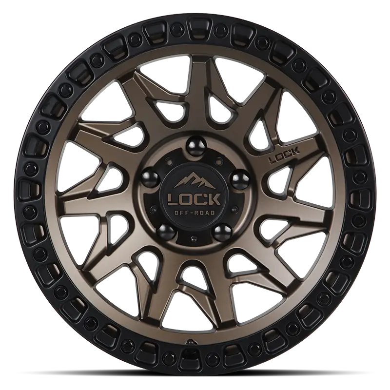 Front view of LUNATIC MATTE BRONZE wheel featuring 11-spoke design, simulated bead-lock, and TACT-coated finish. Ideal for off-road and rugged use.
