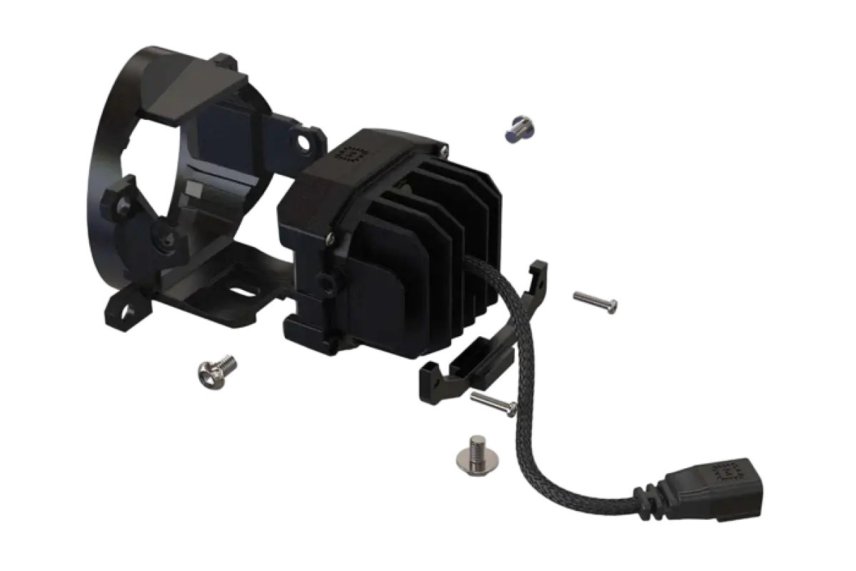 Disassembled view of Morimoto 4Banger LED Fog Lights for 2012-2015 Toyota Tacoma, showcasing components and wiring.