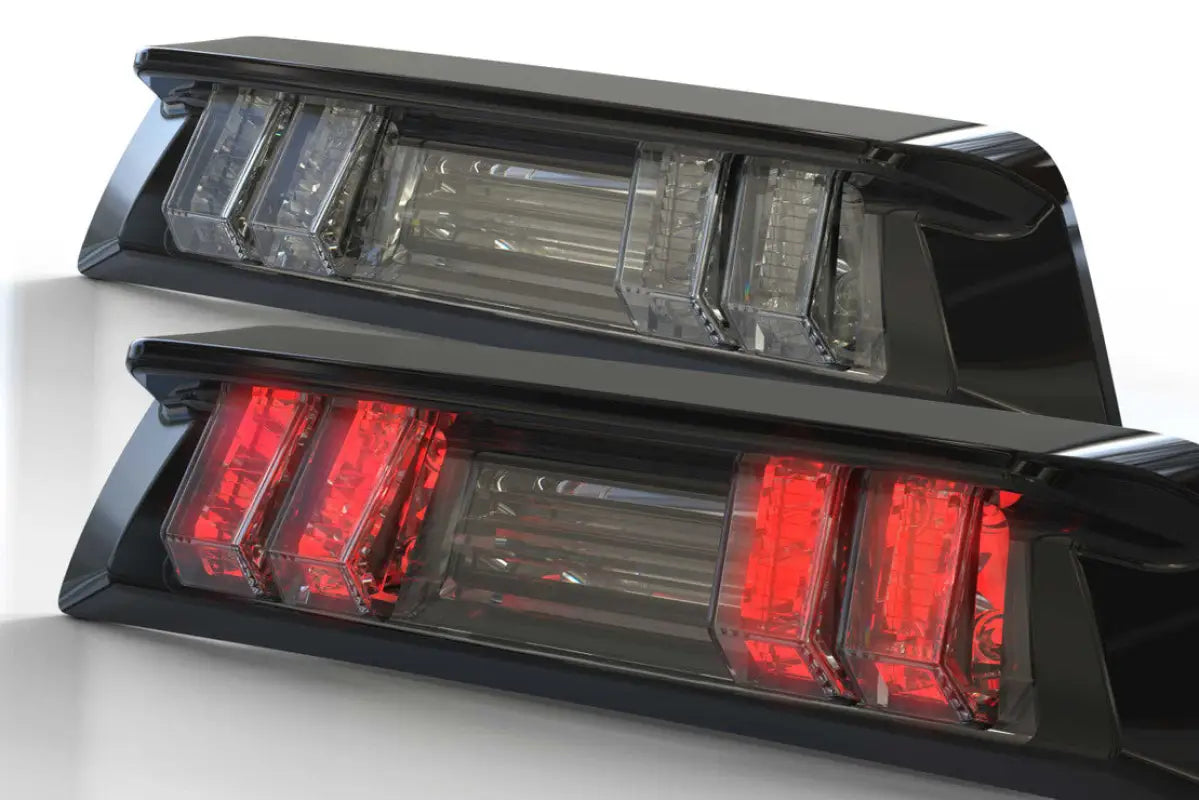 Comparison of Morimoto X3B LED third brake light for Tacoma (2016-2023) Double Cab, showing red and unlit modes.