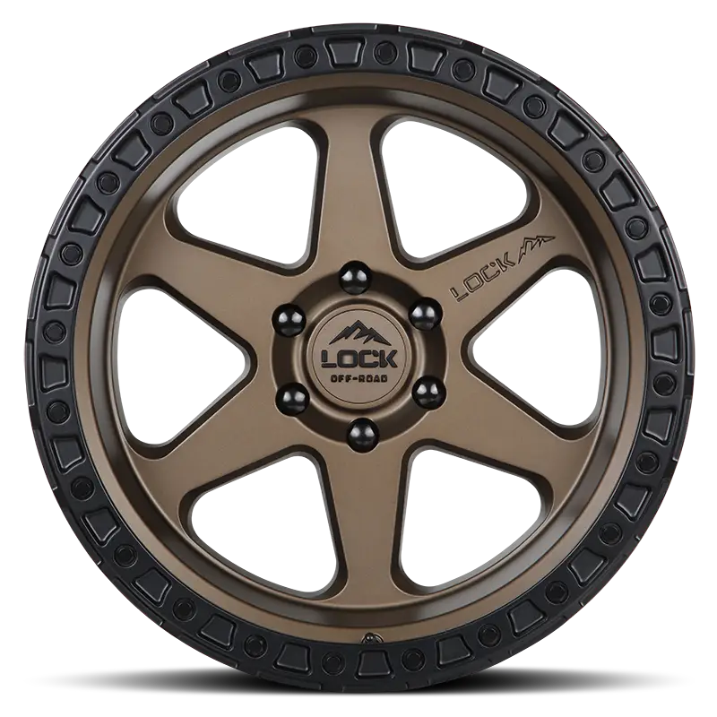 Front view of OLYMPUS Matte Desert Bronze wheel showcasing its bold 6-spoke design, black beadlock-style rim, and durable TACT-coated finish.