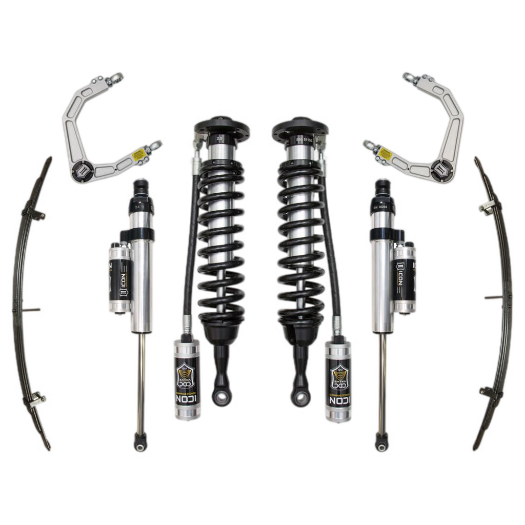 07-21 Tundra Stage 6 suspension system with billet UCA, featuring coilovers, shocks, leaf springs, and upper control arms for Toyota Tundra models.