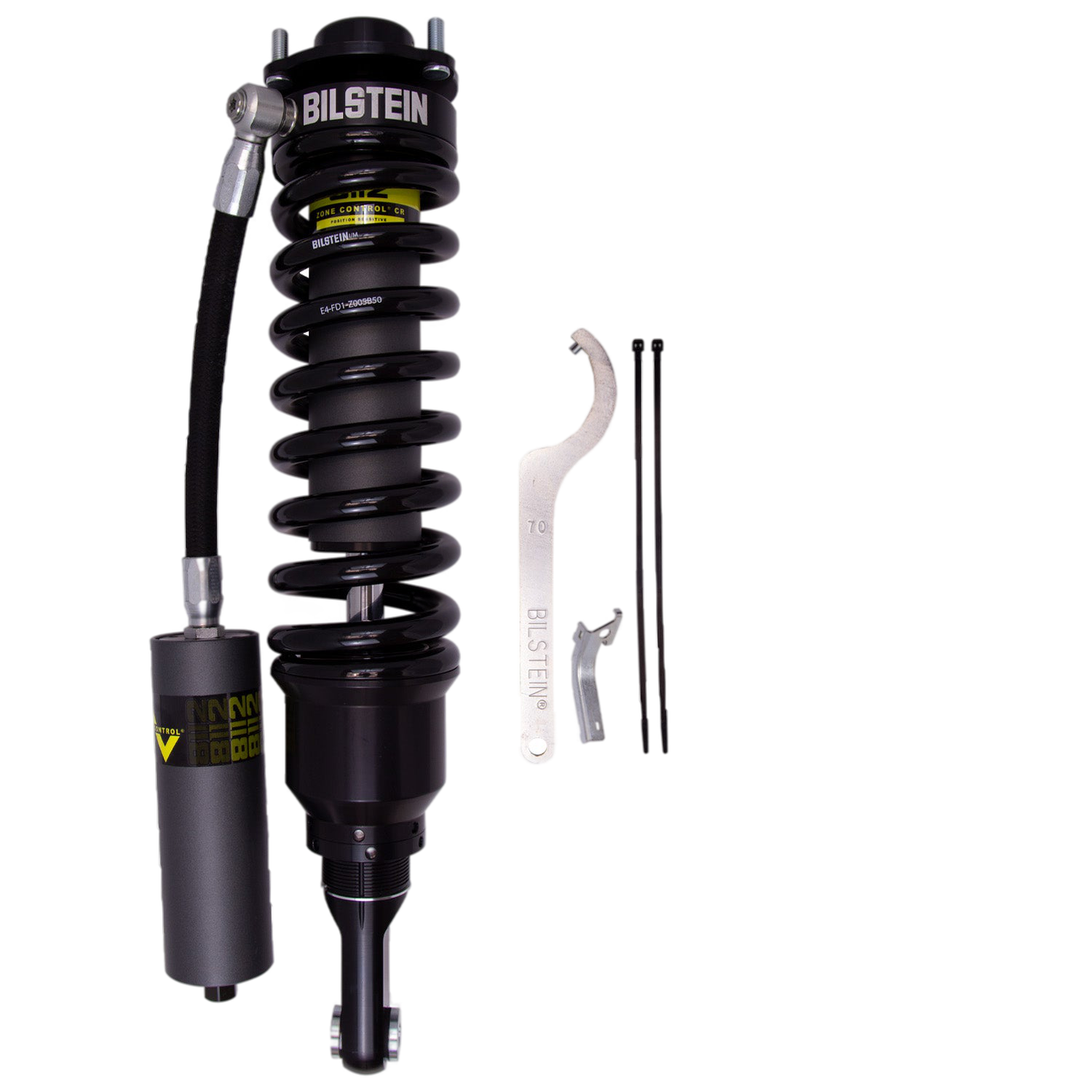 Bilstein B8 8112 ZoneControl CR front left shock for 2016+ Toyota Tacoma with position sensitive damping, adjustable height, and remote reservoir.