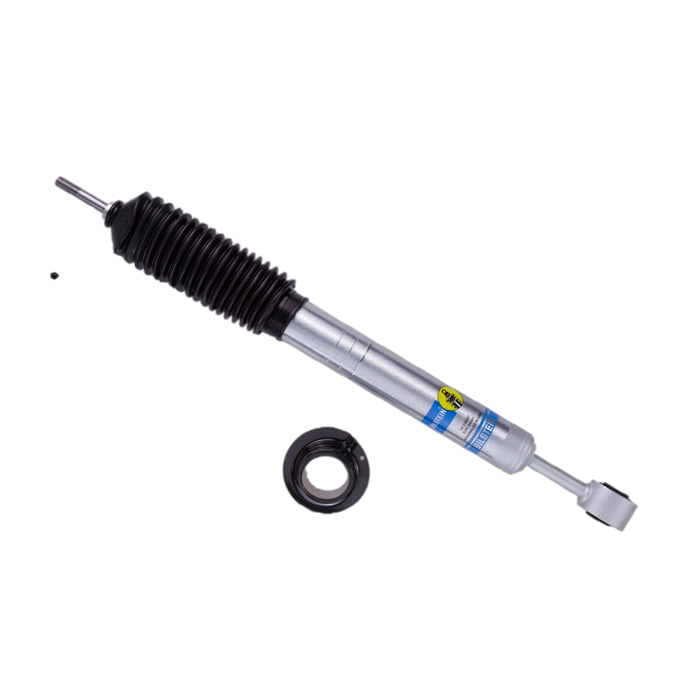 Bilstein 5100 front shock for 2008-2022 Toyota Sequoia. Adjustable lift shock with durable silver finish and black boot for improved suspension performance.