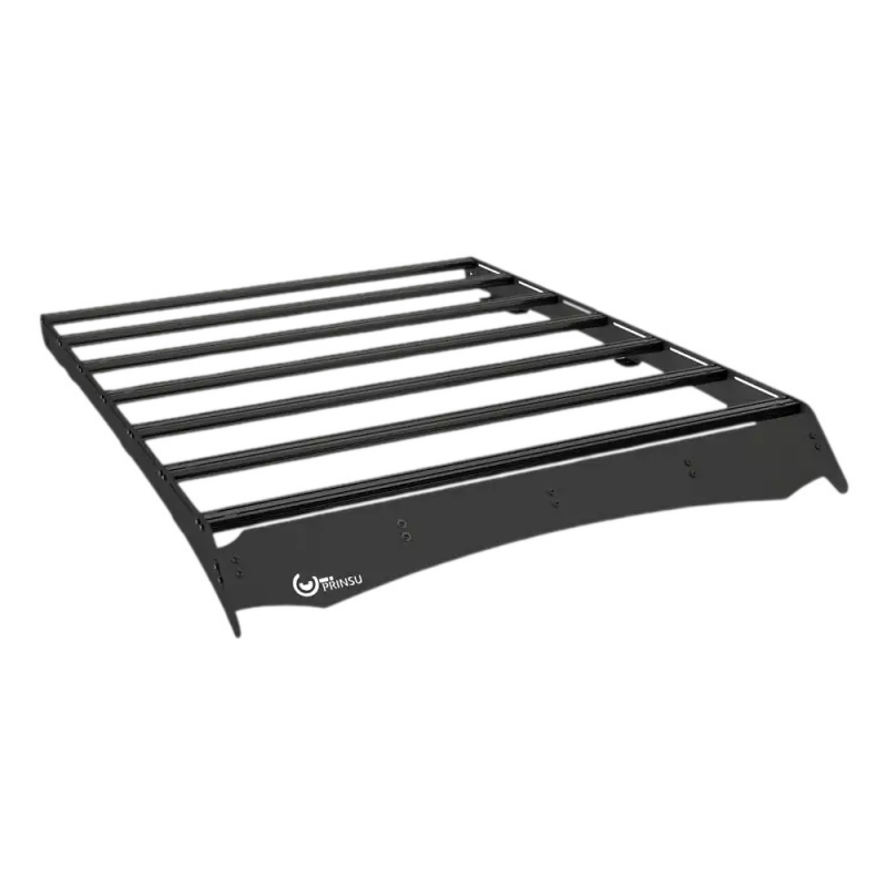 Prinsu CrewMax Roof Rack for Toyota Tundra 2022+, featuring a durable black aluminum design with modular crossbars and wind deflector.