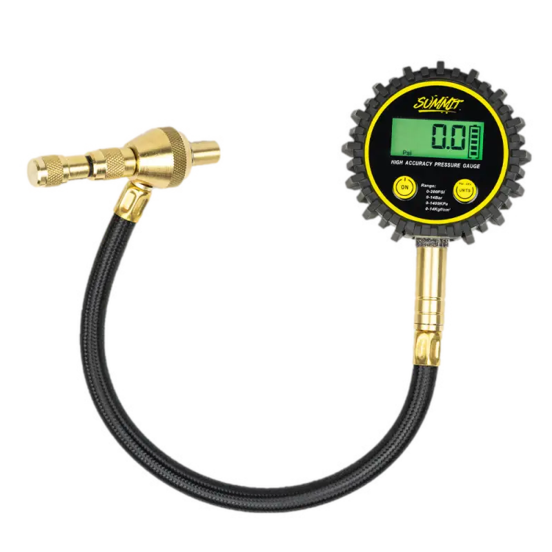Quick Air Down Tool with digital gauge featuring a high-accuracy LED display, brass fittings, and durable braided hose for off-road use.