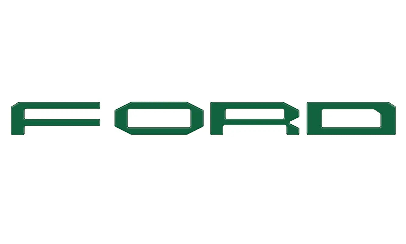 Green Ford grille letter overlays with automotive grade adhesive for 2021-2025 F-150 Raptor