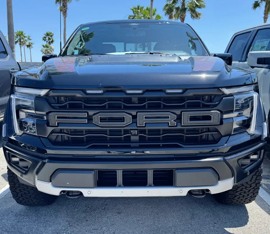 Black Ford Raptor pickup truck with grille letter overlays using automotive grade adhesive