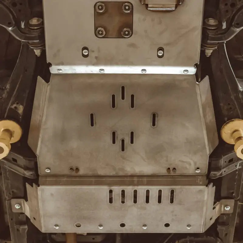 CNC-cut steel 4Runner rear skid plates for 5th Gen 2010+, providing undercarriage protection for transmission and exhaust.