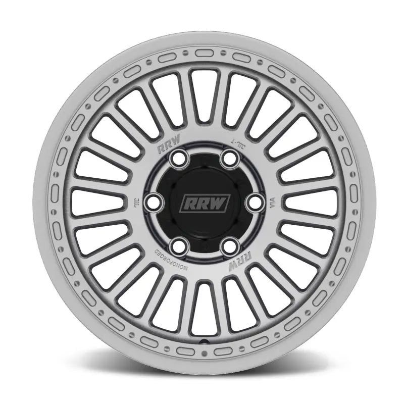 Silver alloy wheel with black center cap from RG6-H Hybrid MonoForged Series featuring embossed ABS