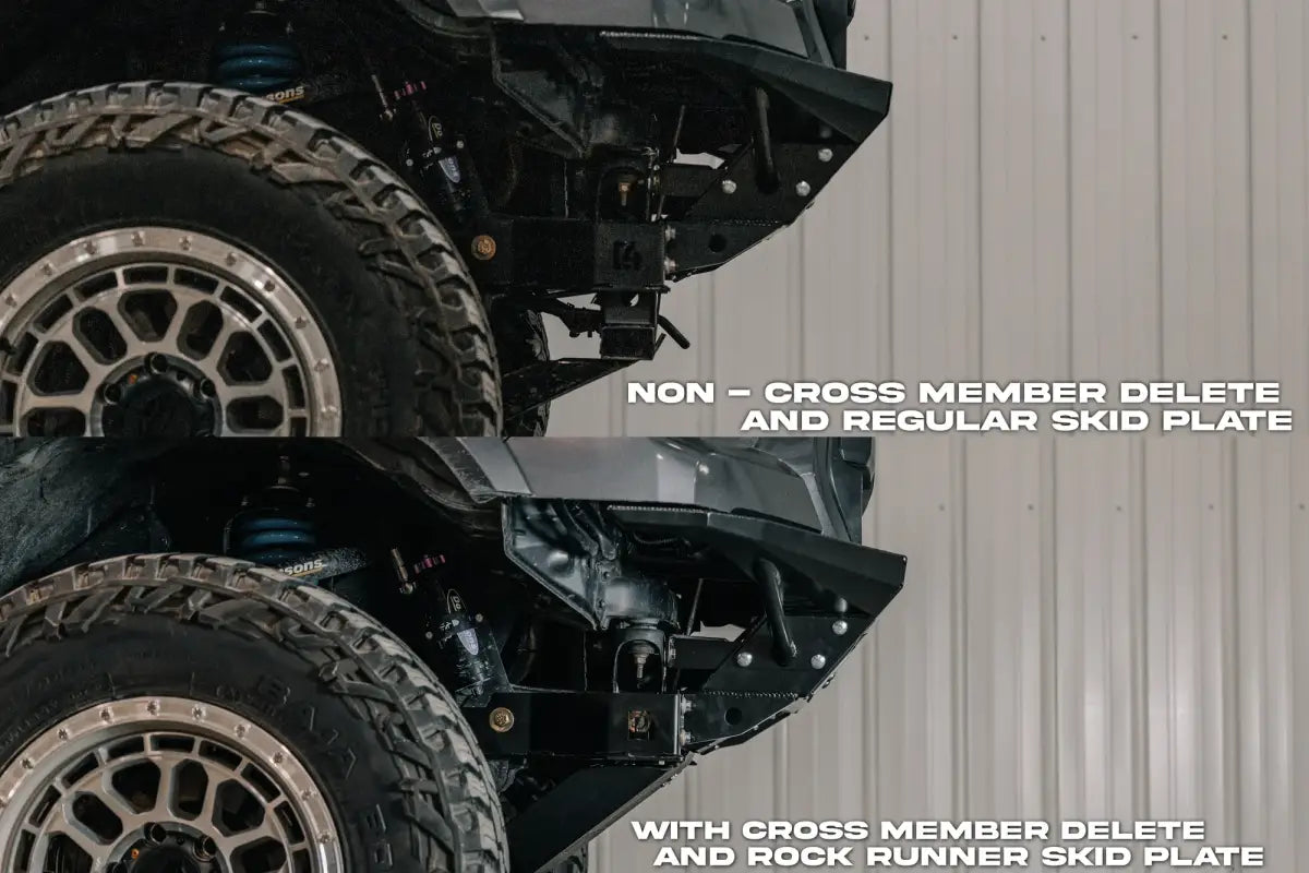 Comparison of Tacoma skid plates with and without cross member delete, highlighting the Rock Runner skid plate design for 2016+ models.