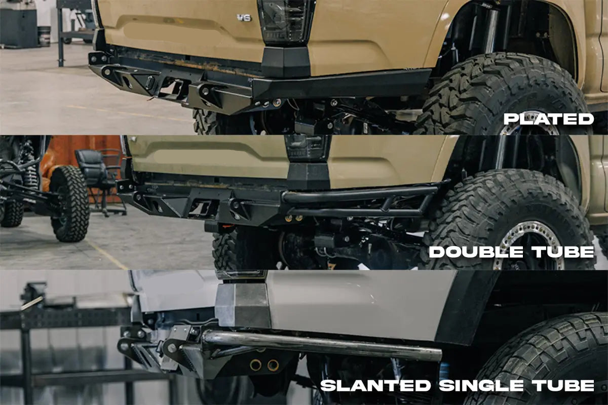 Comparison of Tacoma Rock Runner rear bumper styles: plated, double tube, and slanted single tube, on a beige 3rd Gen Tacoma.