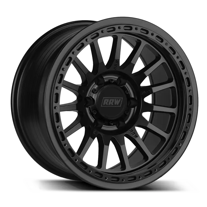 Black off-road wheel showcasing RR7-H Flow Form Hybrid Beadlock Wheel for enhanced braking performance