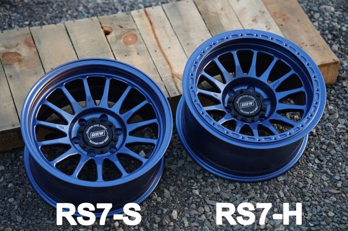 Two blue Car Wheels from RS7-H Hybrid MonoForged Series with lug nuts and center bore