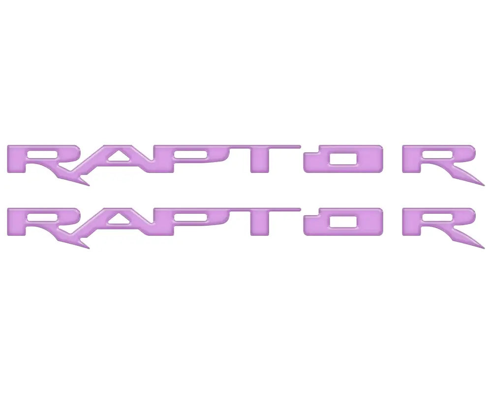 Two lavender RAPTOR emblem overlays for running board emblems on Ford Raptor vehicles