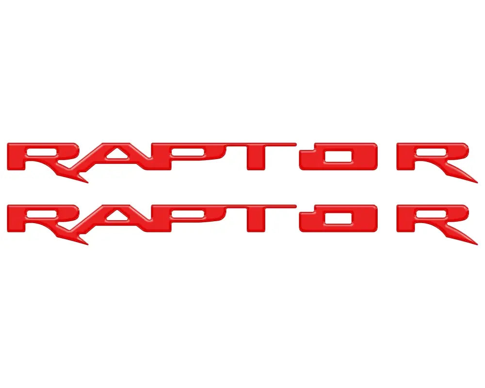 Two red RAPTOR emblem overlays for running board emblems on 2017-2025 Ford Raptor