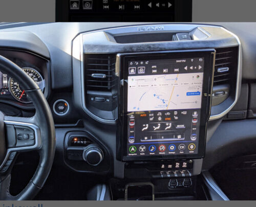 LinksWell GEN 5 T-Style Dodge RAM 19-24 Radio installed in a Dodge RAM dashboard, showcasing navigation and multimedia features on a 12.1-inch screen.