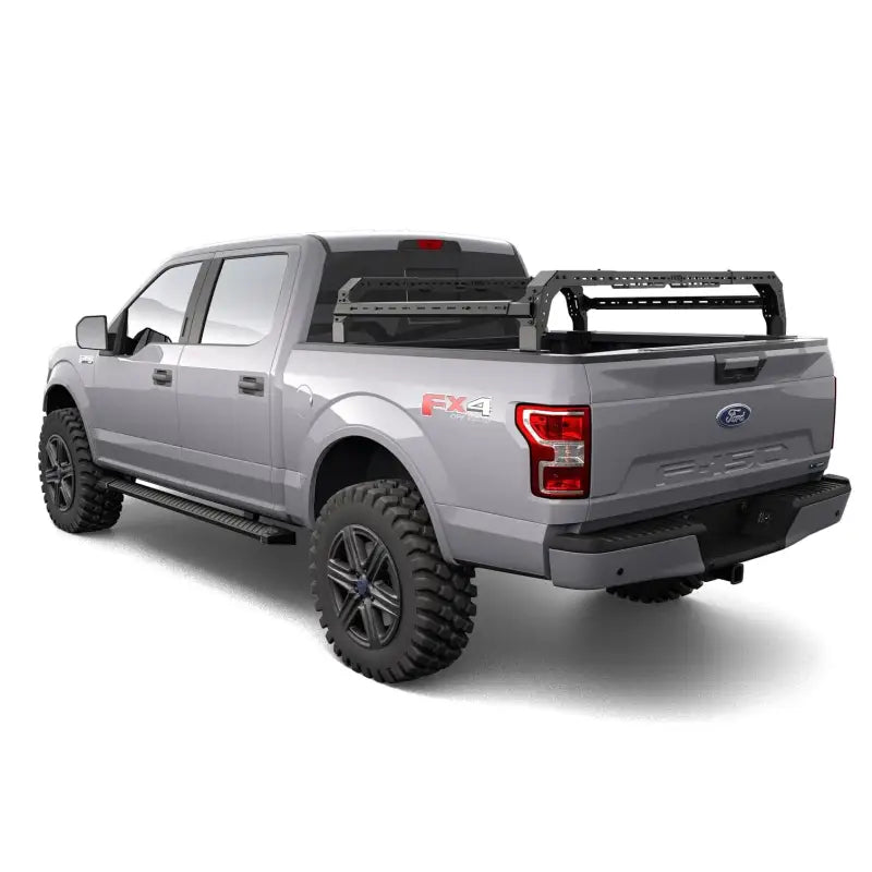 Ford F-150/250 with Shiprock mid-height rack installed, showcasing modular design and compatibility with tonneau covers.