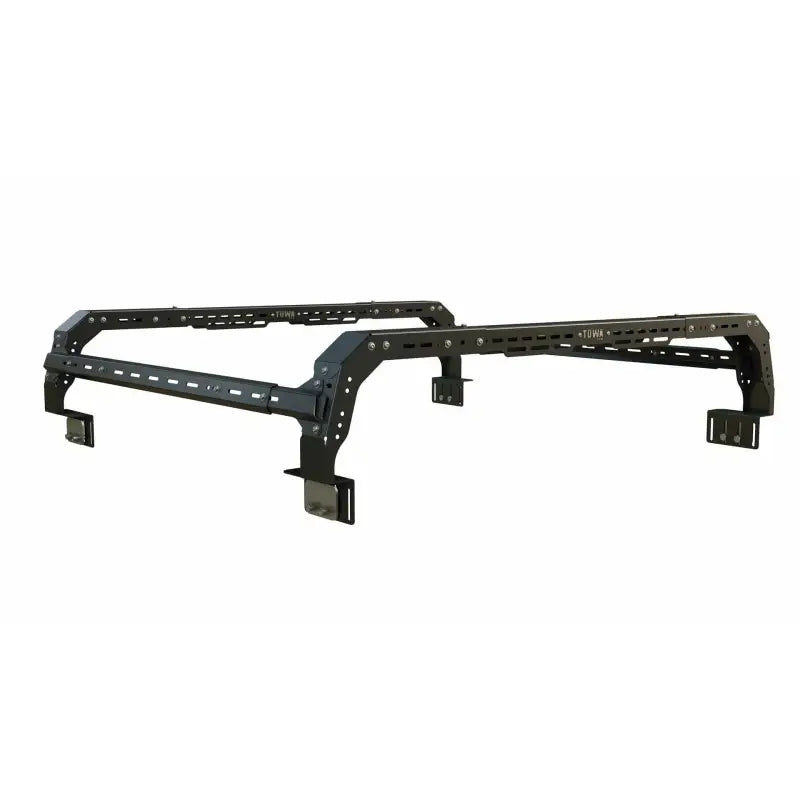 Angled view of Nissan Titan bed rack with a focus on its adjustable height and heavy-duty construction for overlanding.