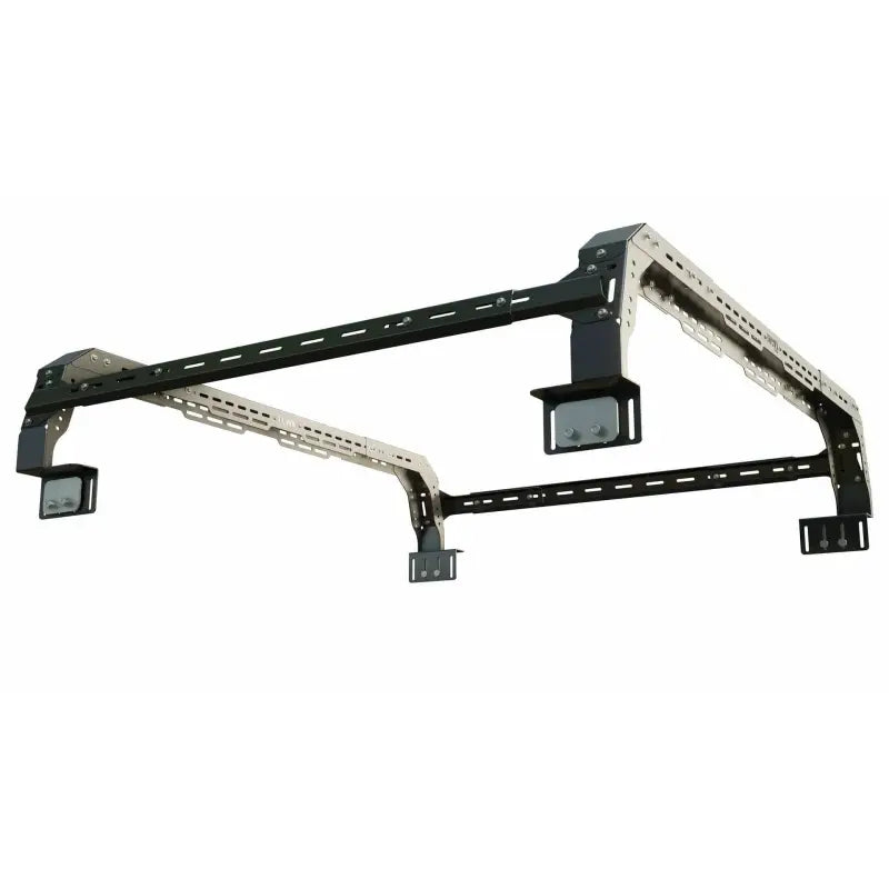 Underside view of Nissan Titan mid-height rack highlighting its sturdy mounting system and sleek black finish.
