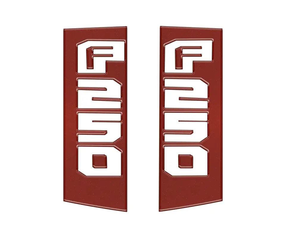 Pair of maroon F250 emblems for Ford Super Duty truck side accent trim