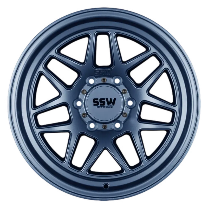SIERRA matte blue wheel, 17x9.0 size with PCD 6x139.7, featuring a multi-spoke design and SSW Off-Road branding on the center cap.