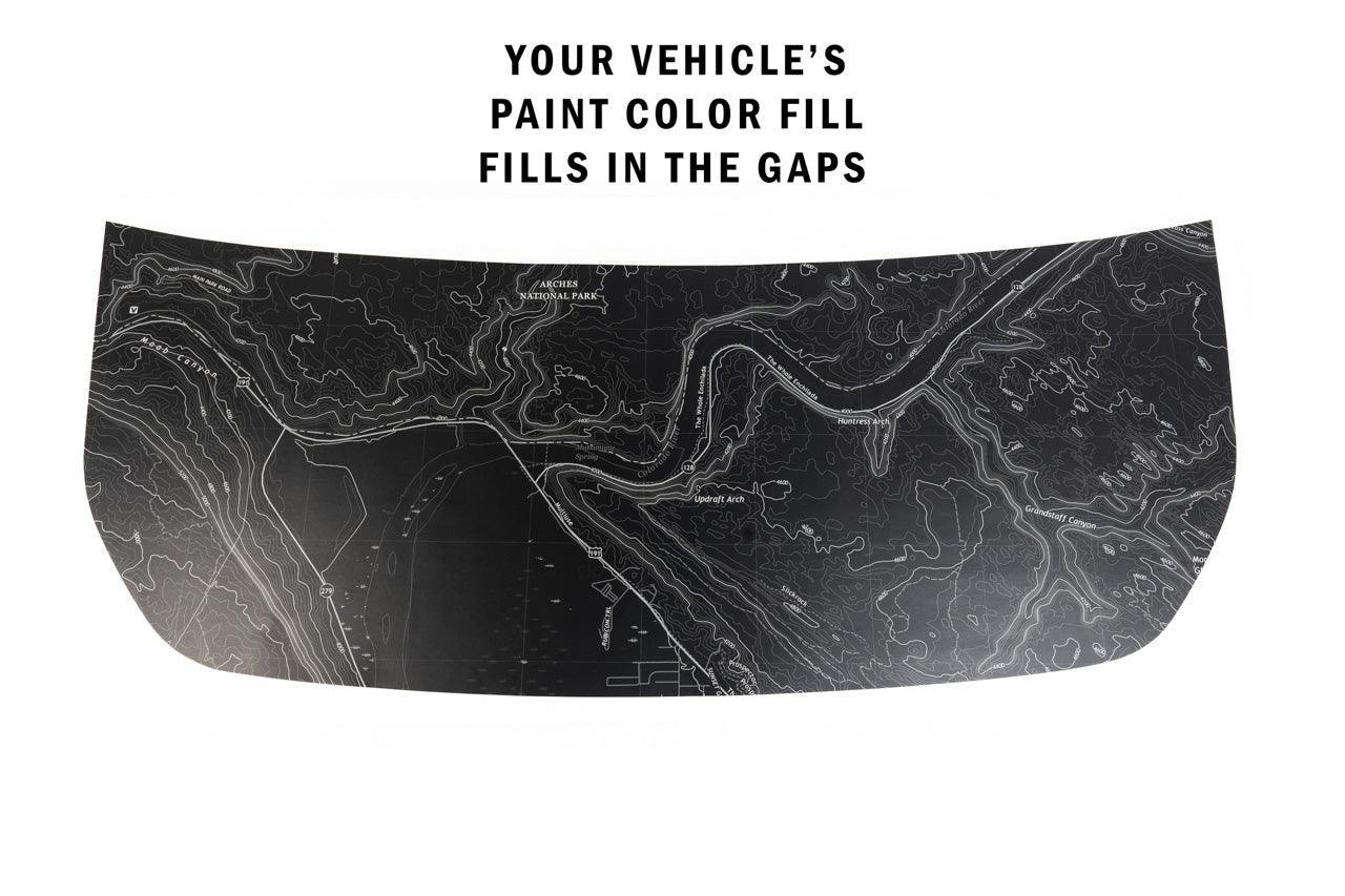 Stealth Black Arches National Park Topographic Map Hood Overlay (Printed Series) For 2021+ Bronco