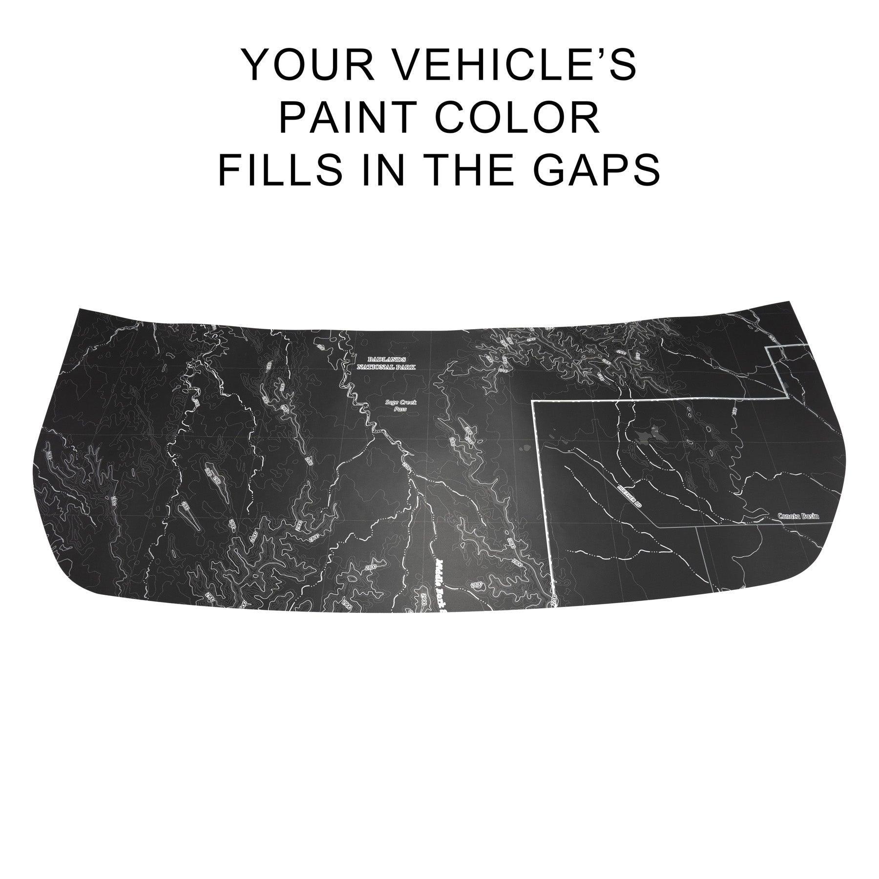 Stealth Black Badlands Topographic Map Hood Overlay (Printed Series) For 2021+ Bronco