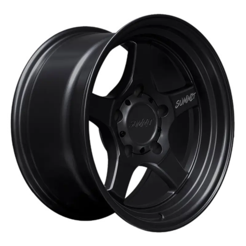 Side view of STRYKER matte black wheel, 17x9.0 size, showcasing its deep concave profile and durable 5-spoke construction.
